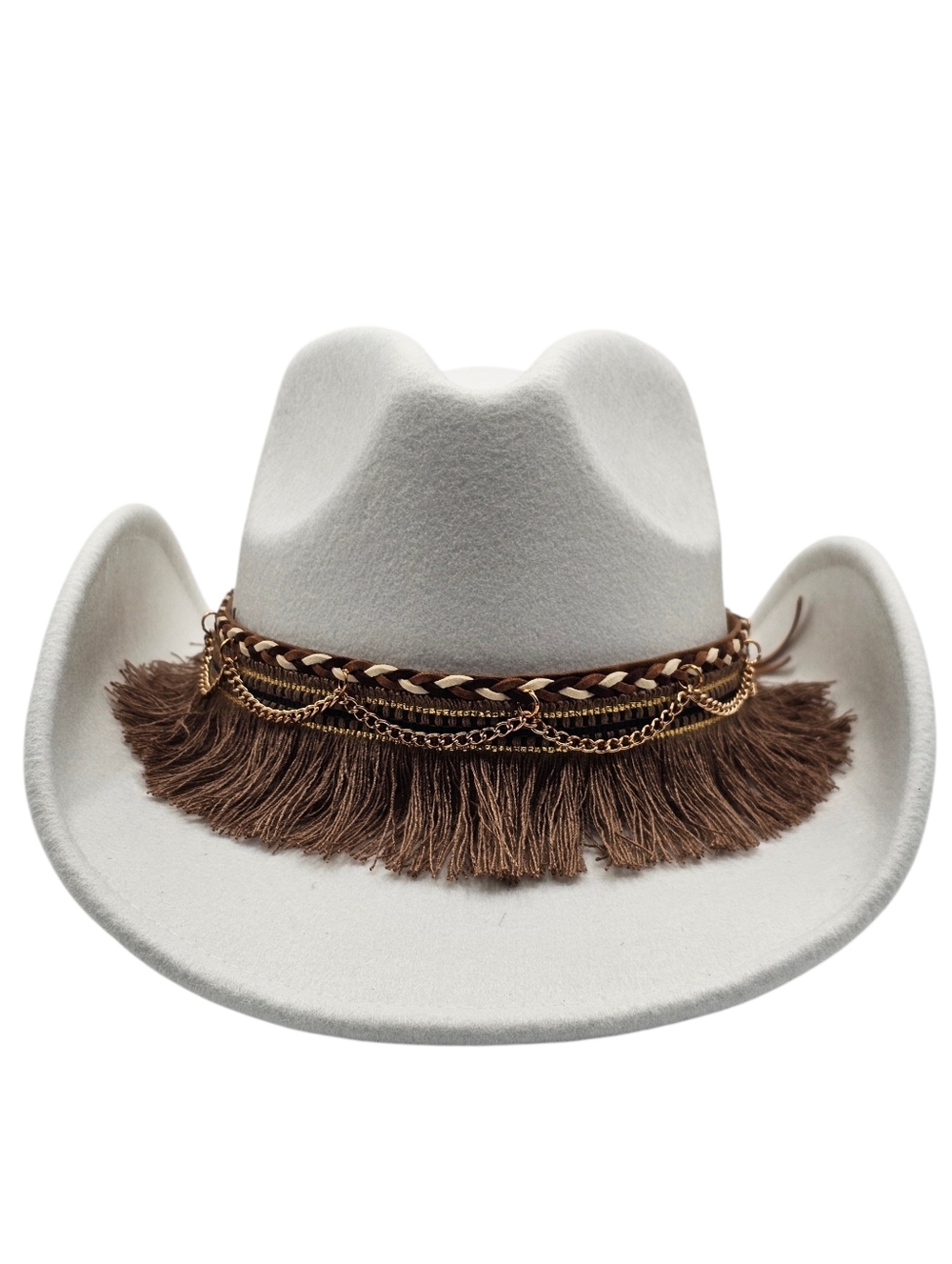Unisex White Western Sunshade Beach Felt Fringe Cowboy Hat